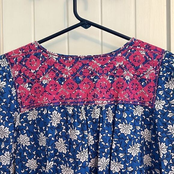 J. Crew Embroidered Peasant Blouse Blue Floral, Pink, Tassels, Size Small - Picture 5 of 10